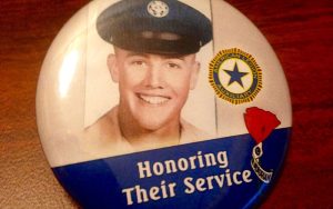 Like other senators at Girls Nation, Arizona teen Kennedy Prock had a button honoring her grandfather, a veteran. (Photo by Nihal Krishan)