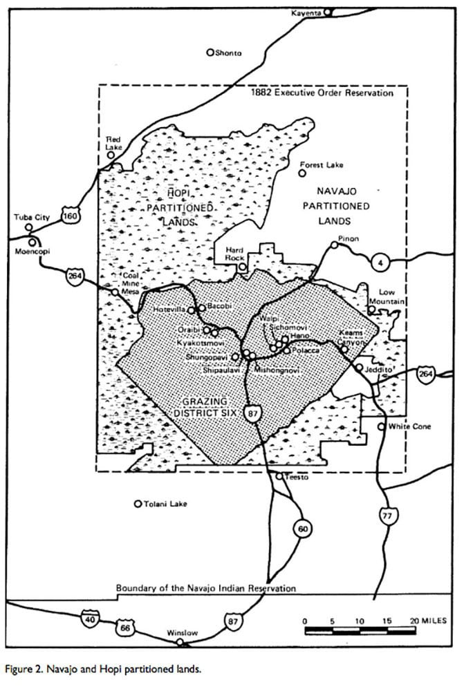 Disputed areas of the tribal lands and how they were ordered partitioned by a court in 1962, when residents were ordered off lands that did not belong to their tribes.