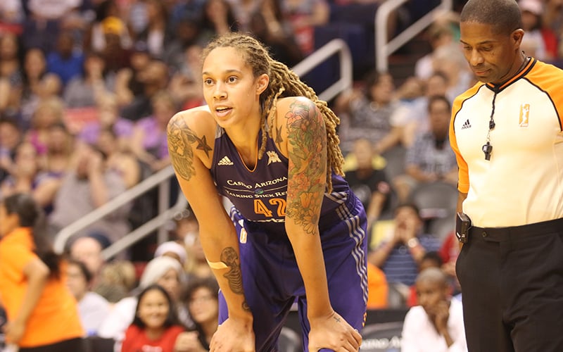 Britney Griner, Phoenix Mercury player and LGBT community advocate, playing in the Phoenix Mercury pride night game. (Photo by Landon Brown/Cronkite News)