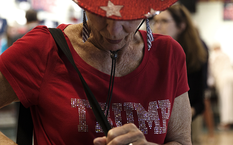 Arizona delegate Barbara Wyllie shows her party spirit at the convention. (Photo by Christopher West/Cronkite News)