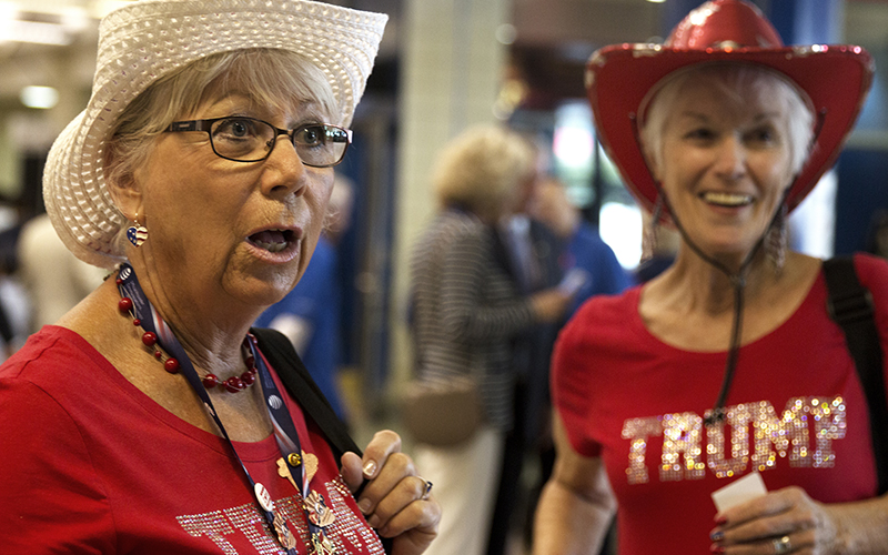Corky Haynes and Barbara Wyllie, delegates from Arizona, express their reasoning behind voting in favor of Republican presidential candidate, Donald Trump. (Photo by Christopher West/Cronkite News)