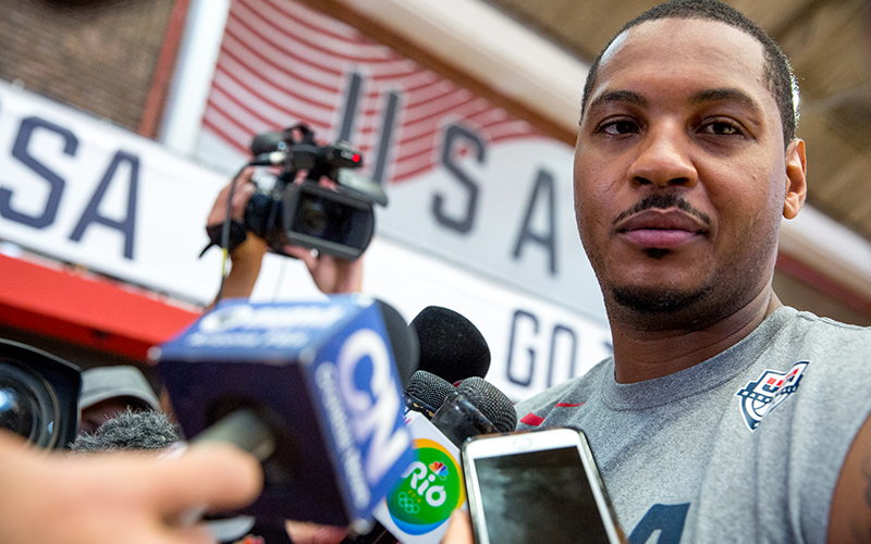 Carmelo Anthony answers questions before US men's basketball practice at the Flamengo Club in Rio de Janeiro.