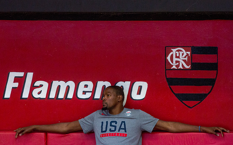 Kevin Durant sits before practice at the Flamengo Club in Rio de Janeiro on Thursday, Aug. 11, 2016.