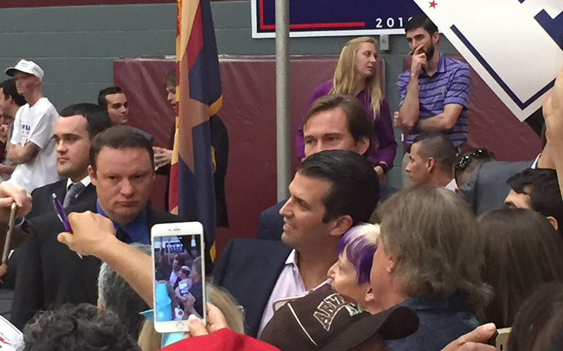Donald Trump Jr. takes pictures with supporters at a rally on Arizona State University's Tempe campus. (Photo by Ryan Dent/Cronkite News)
