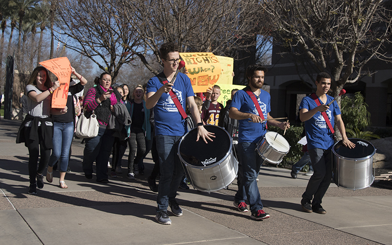 A student drum corps leads the MLK March on West on ASU's West Campus in Glendale on Wednesday, Jan. 18, 2017. (Photo by Josh Orcutt/Cronkite News)
