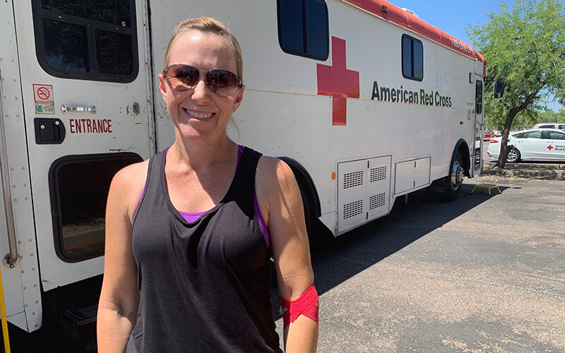 Karen Robinson, Chandler resident, volunteered for the American Red Cross in high school because she was ineligible to donate blood, but this week she was proud to be able to give blood and support her daughter's friend who's been affected by the blood shortage. (Photo by Amanda Slee/Cronkite News)