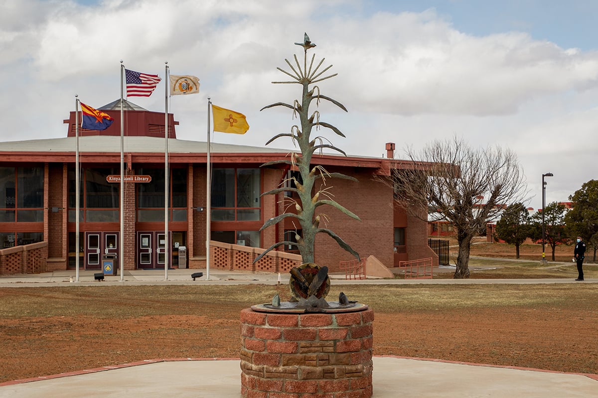 At the center of the Diné College campus near Tsaile is this tribute to corn, a plant with deep philosophical meaning that forms the basis for many Navajo teachings. (Photo by Jeff Rosenfield/Cronkite News)
