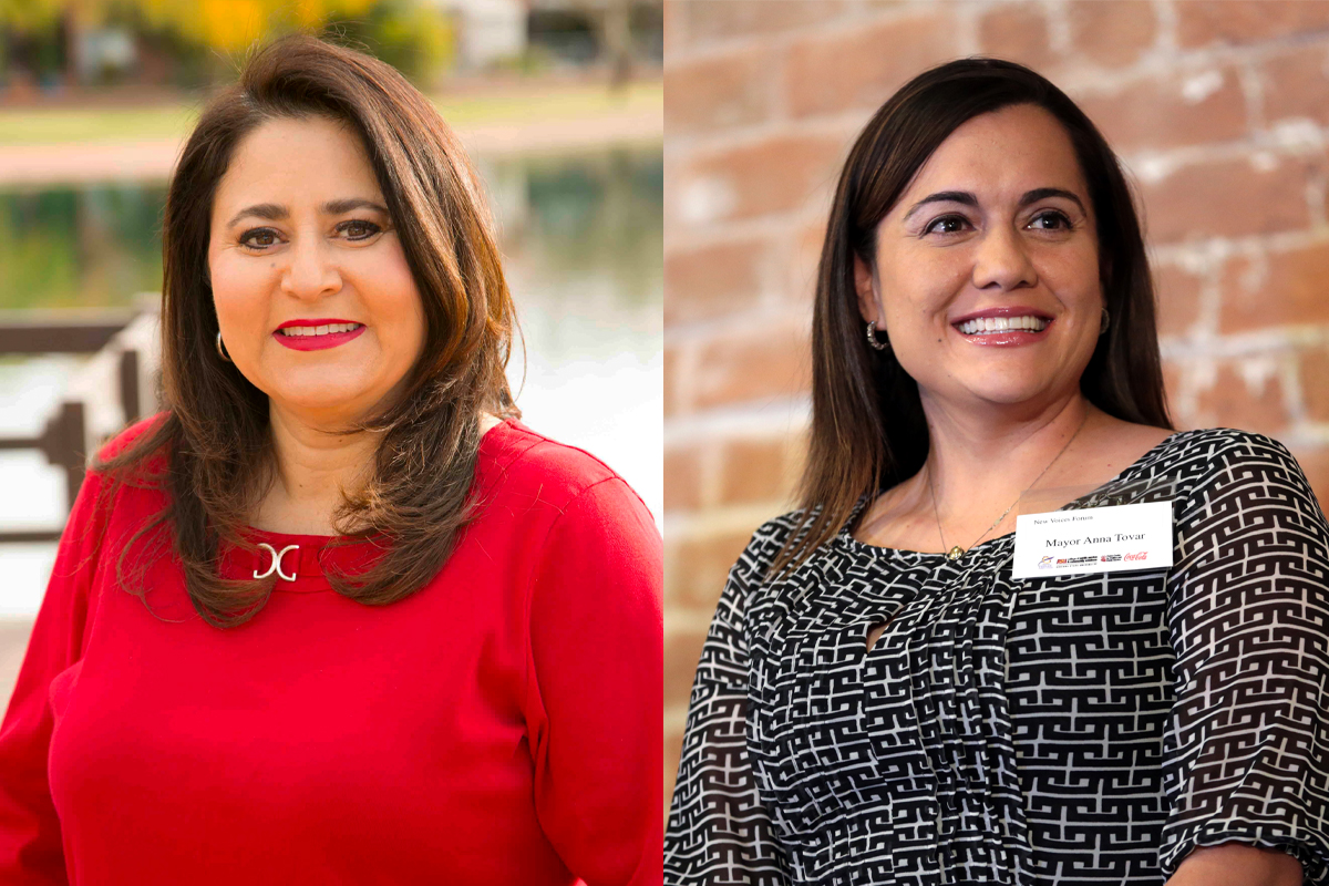 Lea Márquez Peterson, left, was appointed to the Arizona Corporation Commission in 2019 by Gov. Doug Ducey. In 2020, she and Anna Tovar, right, also of the Arizona Corporation Commission and the first woman mayor of Tolleson (in 2016), became the first Latinas elected to statewide office in Arizona. Márquez Peterson was also selected as chairwoman for the commission. (Photos courtesy of Lea Márquez Peterson and Gage Skidmore/Creative Commons)
