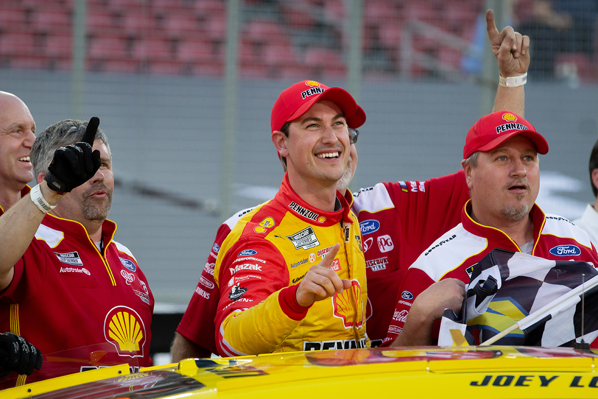 Joey Logano celebrates with his crew after taking the checkered flag at the Busch Light Clash at Los Angeles Memorial Coliseum on Sunday, Feb. 6, 2022. (Photo by Lauren Lively/Cronkite News)
