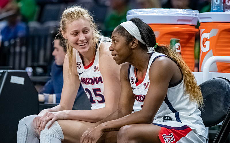 Aari McDonald, right, makes her return to the Arizona women's basketball program as the new Director of Recruiting. The former Wildcats star reunites with former teammate Cate Reese in the new role. (Photo by Nathan Hiatt/Cronkite News)