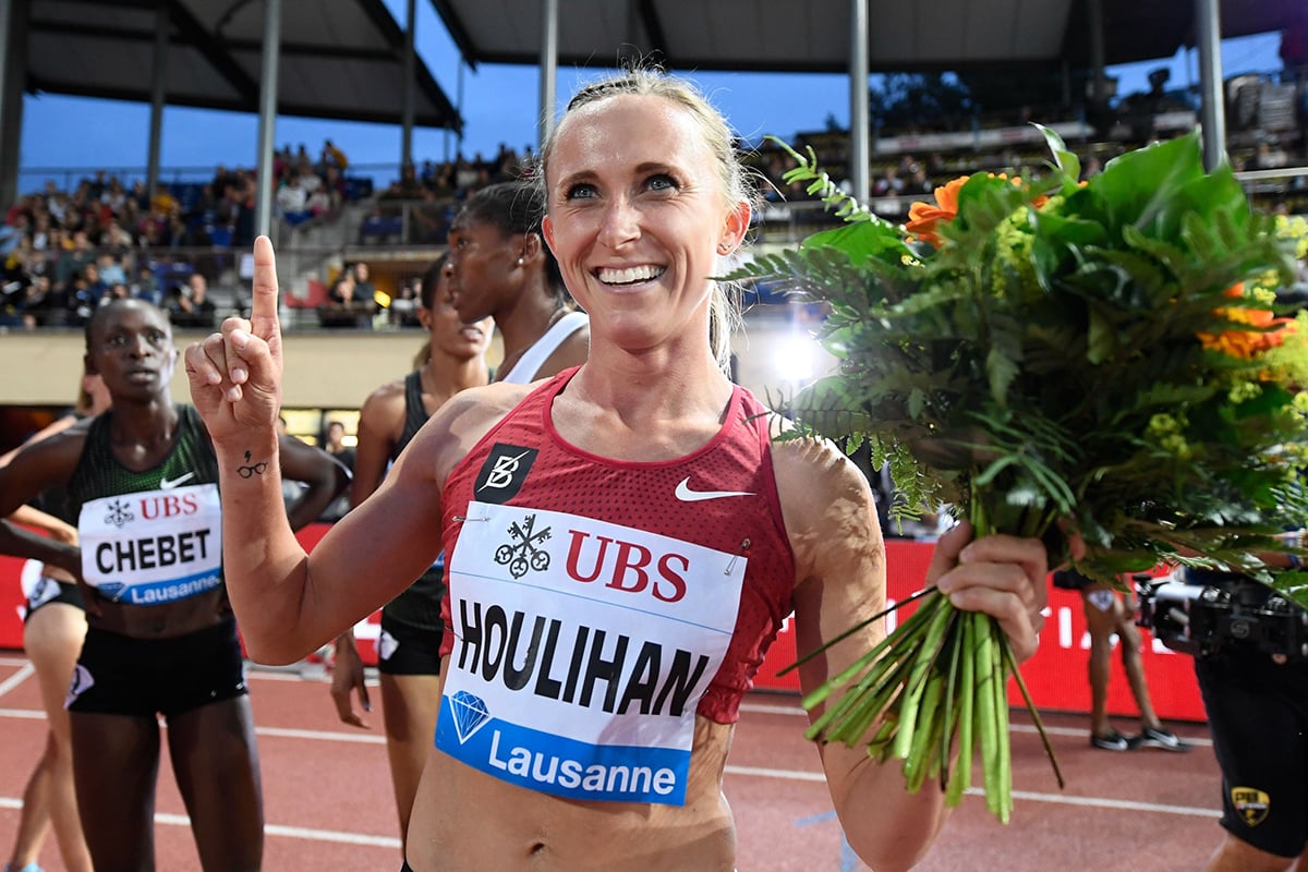 Shelby Houlihan was on top of the world after winning the 1,500 meters during the IAAF Diamond League meet Athletissima in Lausanne, Switzerland, on July 5, 2018. (Photo by Alain Grosclaude/AFP)
