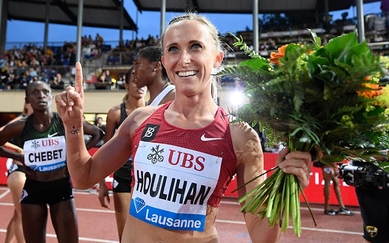 Houlihan was on top of the world after winning the 1,500 meters during the IAAF Diamond League meet Athletissima in Lausanne, Switzerland, on July 5, 2018. (Photo by Alain Grosclaude/AFP)
