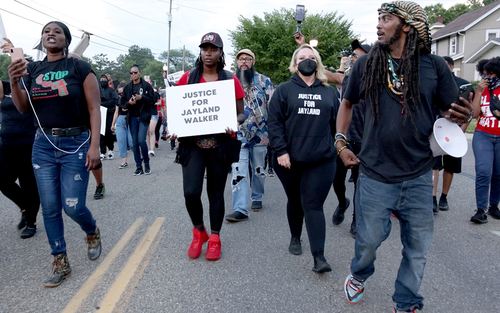 Protesters angered by the death of Jayland Walker take to the streets on July 8, 2022, in Akron, Ohio. Walker was shot and killed by Akron police officers. (Photo by Gabriela Tumani/News21)