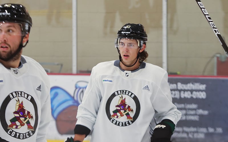 Troy Stecher signed a one-year contract with the Arizona Coyotes on July 13, officially reuniting with former University of North Dakota teammate Nick Schmaltz. (Photo by Nikki Pica/Cronkite News)