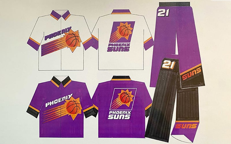 The Suns saw the Silver Anniversary 1992-93 season as the right time to rebrand the team. These are the original sketches for what is now known as their “Sunburst” look. (Renderings courtesy of Tom O’Grady and Kevin McGraw)