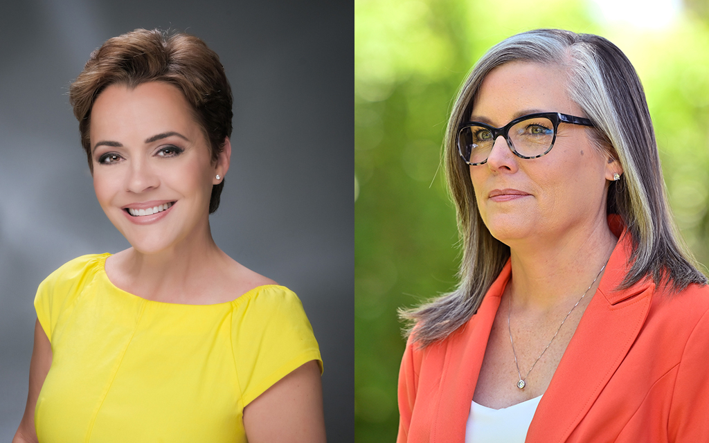 Republican Kari Lake, left, is running against Democrat Katie Hobbs, right, in the Arizona race for governor. A kerfuffle over interviews with the two candidates has caused Citizens Clean Elections Commission to ditch Arizona PBS as its gubernatorial event partner. (Photos courtesy of Kari Lake, Katie Hobbs campaigns)