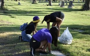 Students work together to clean tombstones and foliage at the City of Mesa Cemetery, which is nearly 140 years old. (Photo courtesy of Steven Lewis)
