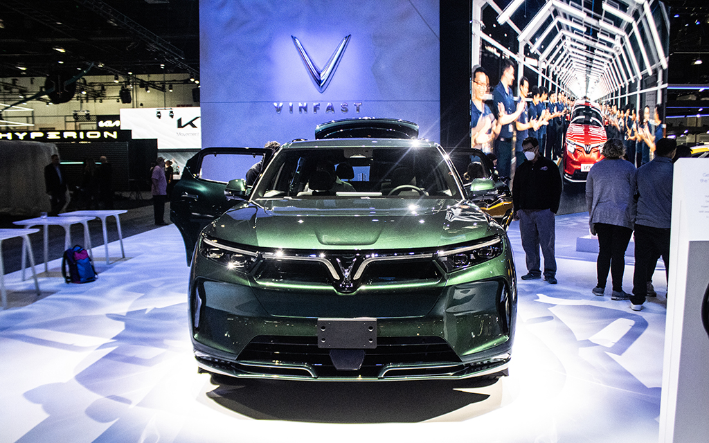 The VinFast VF8 is coming to the U.S. in early 2023, company officials say, along with the VF9. Photo taken Nov. 17, 2022, at the Los Angeles Auto Show. (Photo by /Cronkite News)