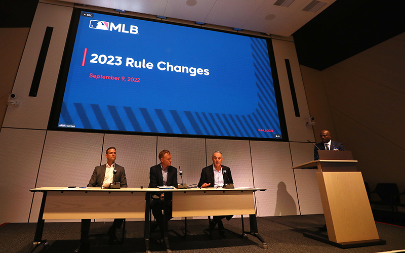 MLB Commissioner Rob Manfred, right, announced three rule changes in September during the MLB Rules Press Conference at MLB Headquarters. The Arizona Fall League adopted the changes this past season. (Photo by Eve Kilsheimer/Getty Images)