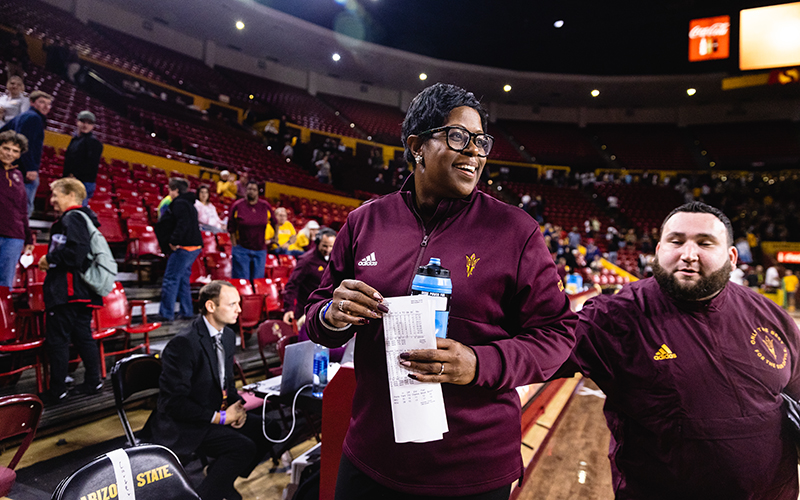 ASU women's basketball coach Natasha Adair was all smiles after the Sun Devils beat Northern Arizona, 69-68, in Monday's season opener. (Photo by Susan Wong/Cronkite News)