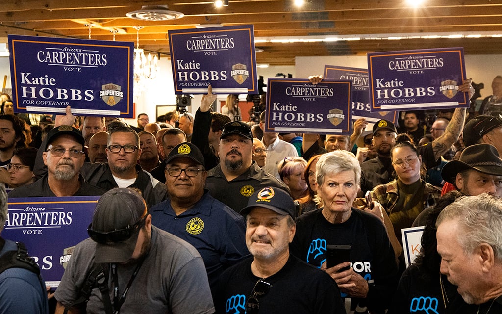 Union members gather at Tuesday's victory rally for Katie Hobbs in Phoenix. 