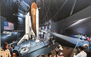 An artist's rendering of how the space shuttle Endeavour will be displayed in the new Samuel Oschin Air and Space Center in Los Angeles. At present, the shuttle is on display next door at the California Science Center. (Photo by Emeril Gordon/Cronkite News)