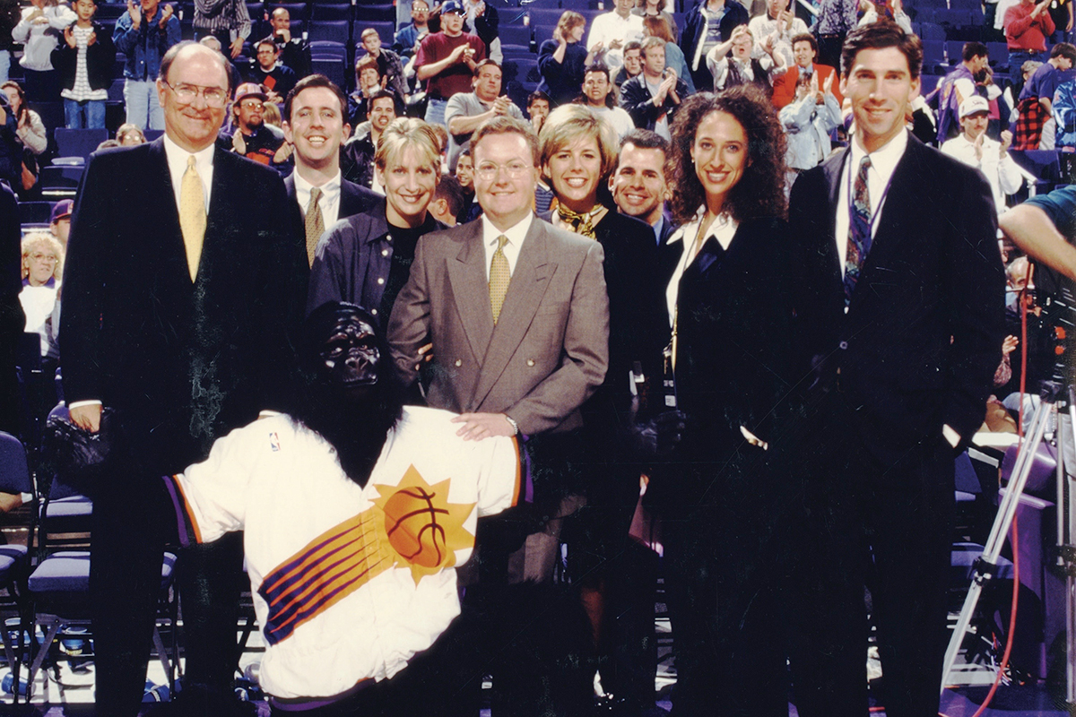 Harvey Shank, left, Seth Sulka, Mandie Colangelo, Robert Schiller, Sydney Asmus, Tom Hecht, Felisa Israel and Rob Harris pose with the Suns’ gorilla mascot for Schiller’s last game in the Suns front office. Schiller went on to work with the Golden State Warriors. In 1979, Shank played an integral role in making the gorilla the official Suns mascot. (Photo courtesy of Harvey Shank)
