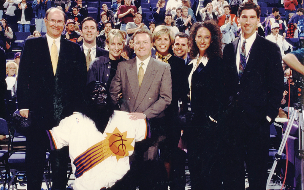 Harvey Shank, left, Seth Sulka, Mandie Colangelo, Robert Schiller, Sydney Asmus, Tom Hecht, Felisa Israel and Rob Harris pose with the Suns' gorilla mascot for Schiller's last game in the Suns front office. Schiller went on to work with the Golden State Warriors. In 1979, Shank played an integral role in making the gorilla the official Suns mascot. (Photo courtesy of Harvey Shank)