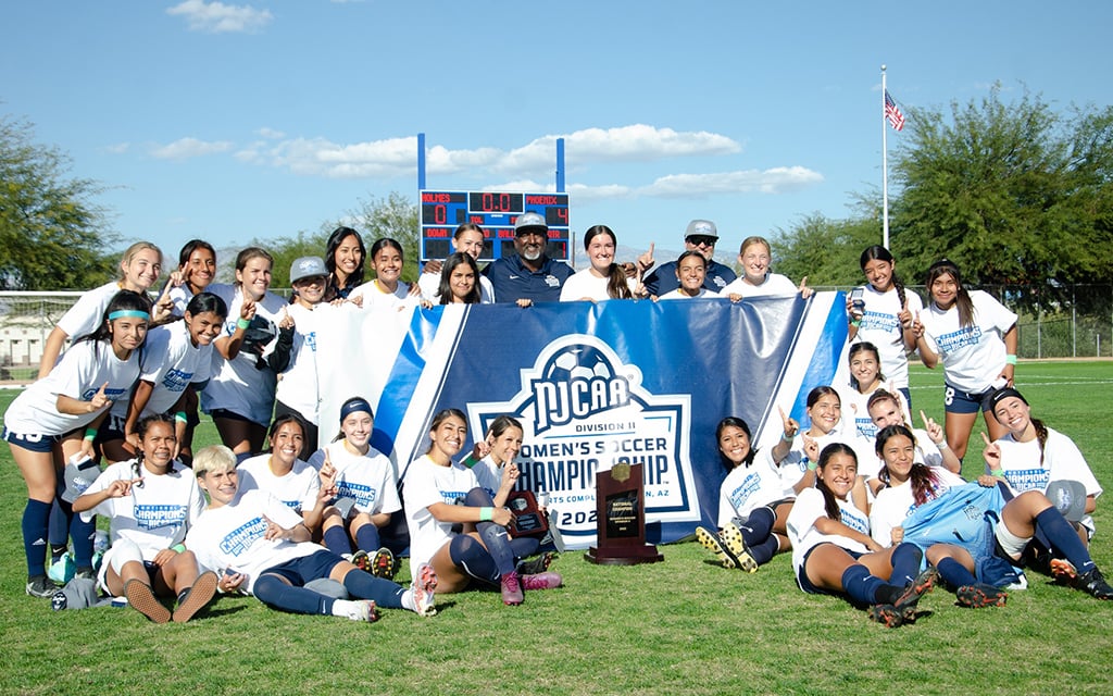 The Phoenix College women's soccer team celebrates its second Division II national championship on Nov. 19 after shutting out No. 1 Holmes, 4-0, in a rematch of the 2020 title game. (Photo courtesy of NJCAA.com)