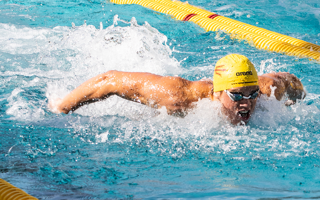 Arizona State freshman Jonny Kulow places third in the 100-yard butterfly Nov. 4 against the University of Southern California in Los Angeles. (Photo by Emeril Gordon/Cronkite News)