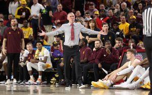 ASU coach Bobby Hurley is preparing his team to bounce back from a two-game skid on Thursday at Washington. “We'll figure it out. We got days to do it,” he said after Sunday's loss to USC. (Photo by Brooklyn Hall/Cronkite News)