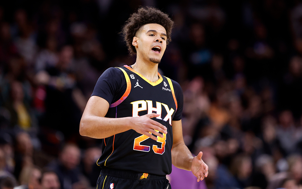 The Suns’ Cameron Johnson reacts after hitting a 3-point shot during the first half against the Brooklyn Nets at Footprint Center Thursday night. It was Johnson’s first game back after nursing a torn meniscus for more than two months. (Photo by Chris Coduto/Getty Images)
