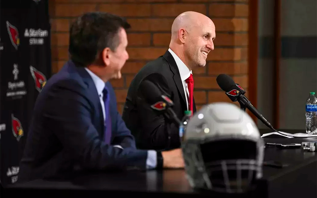 Monti Ossenfort, right, was introduced last week as the new general manager of the Arizona Cardinals. Team owner Michael Bidwill says the GM's first priority will be finding a new head coach after Kliff Kingsbury was fired on Jan. 9. (Photo courtesy of Caitlyn Epes/Arizona Cardinals)