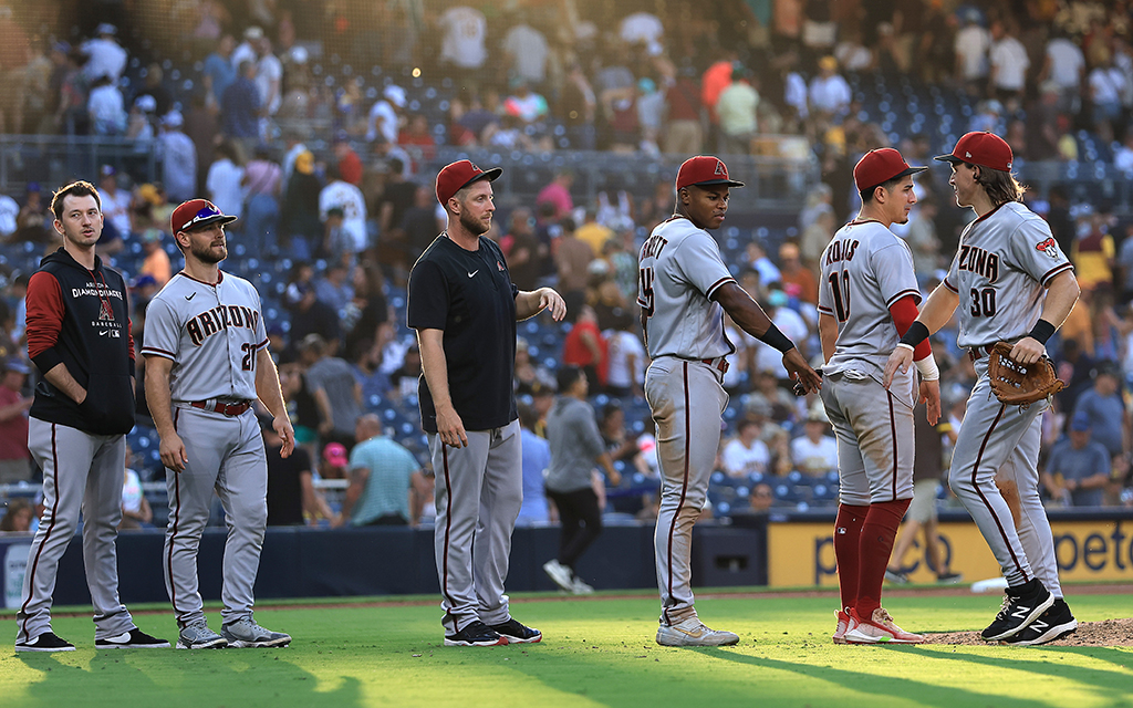 After making their major league debuts late during the 2022 seasons, Jake McCarthy (30) and Stone Garrett (45) hope to help the Diamondbacks win the organization's second World Series. (Photo by Sean M. Haffey/Getty Images)
