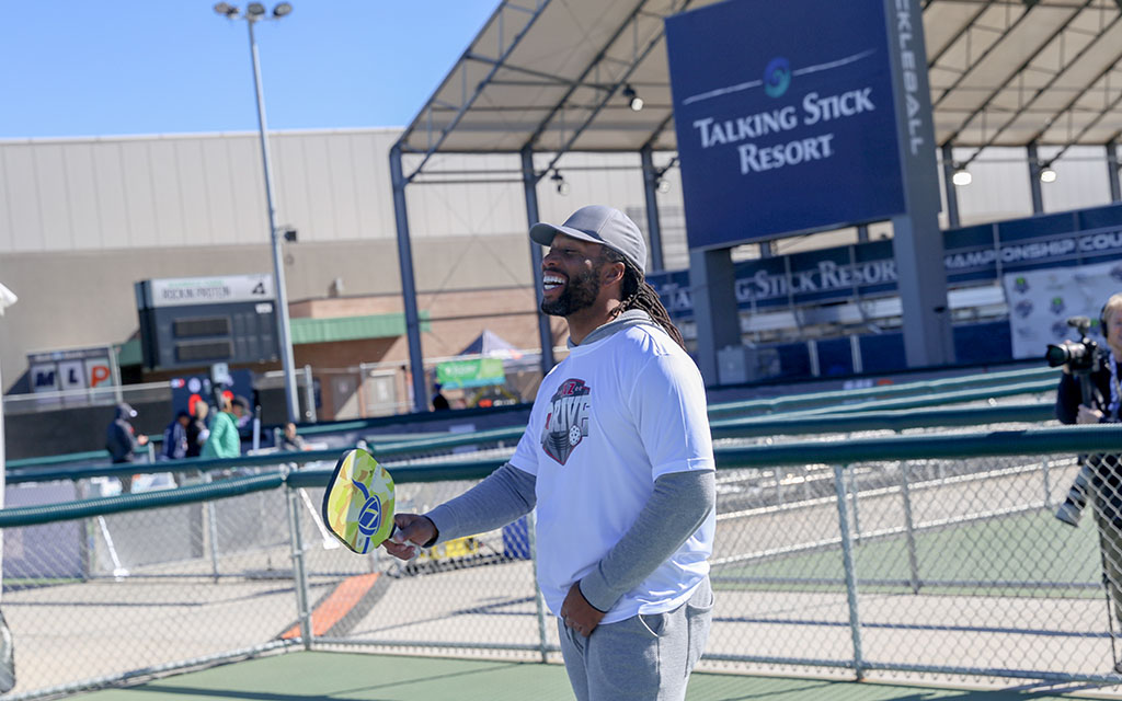 Former Arizona Cardinals star Larry Fitzgerald joined former New Orleans Saints quarterback Drew Brees for a game of pickleball last Thursday. (Photo by Nikash Nath/Cronkite News)