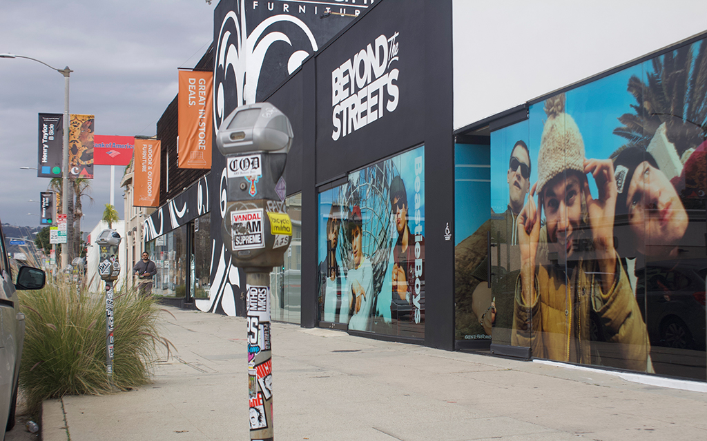 Street entrance to the Beastie Boys Exhibit in at Beyond the Streets art gallery in Los Angeles. Photographed on Jan. 19, 2023. (Photo by Daniel Ogas/Cronkite News)