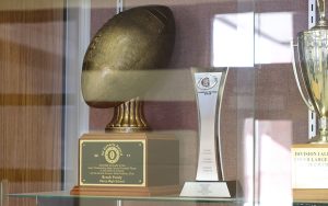 Brock Purdy's Ed Doherty Award is on display at Perry High School, where the school's former quarterback recorded 8,937 yards and 107 touchdowns at the varsity level. (Photo by Robert Crompton/Cronkite News)
