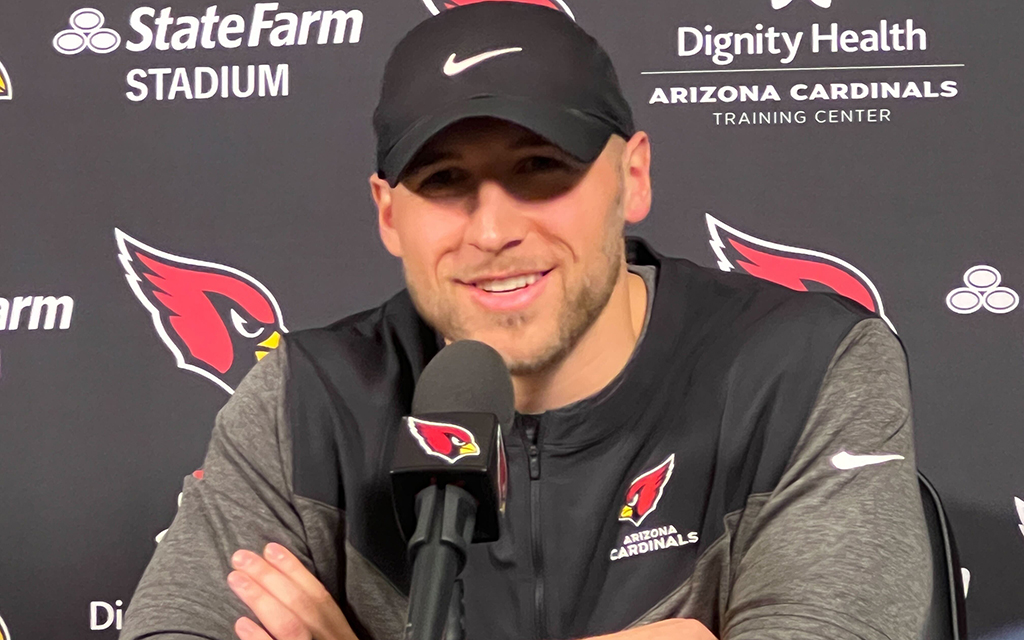 Nick Rallis addresses the media during his introductory press conference as the Arizona Cardinals new defensive coordinator on Wednesday. (Photo by Jake Seymour/Cronkite News)