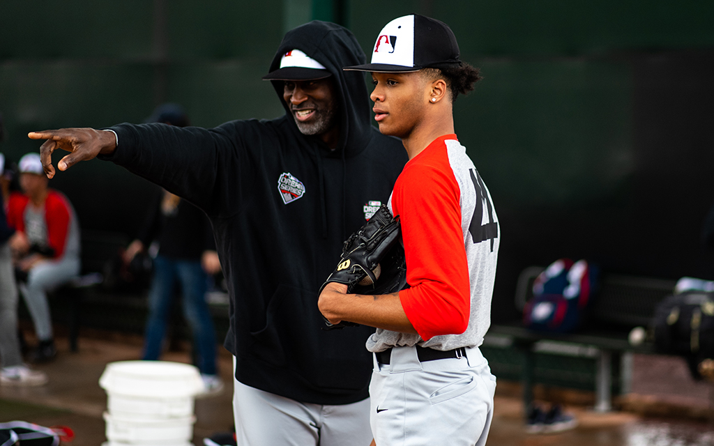 LaTroy Hawkins, left, coaching LJ Mercurius believes the Dream Series allowed him to give back to the game that gave him so much. (Photo by Kelsey Grant/MLB Photos via Getty Images)