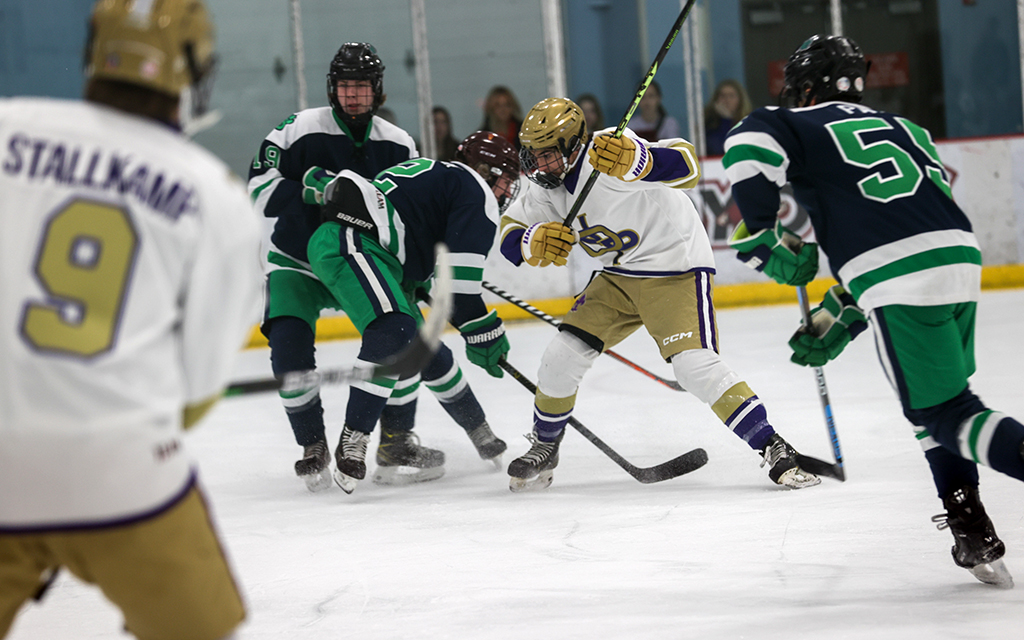 Notre Dame Preparatory School's hockey team defeated Basha High School in the semifinal of the ASHA playoffs to secure a place in Saturday's championship against Desert Vista High School at Mullett Arena. (Photo by Grace Edwards/Cronkite News)