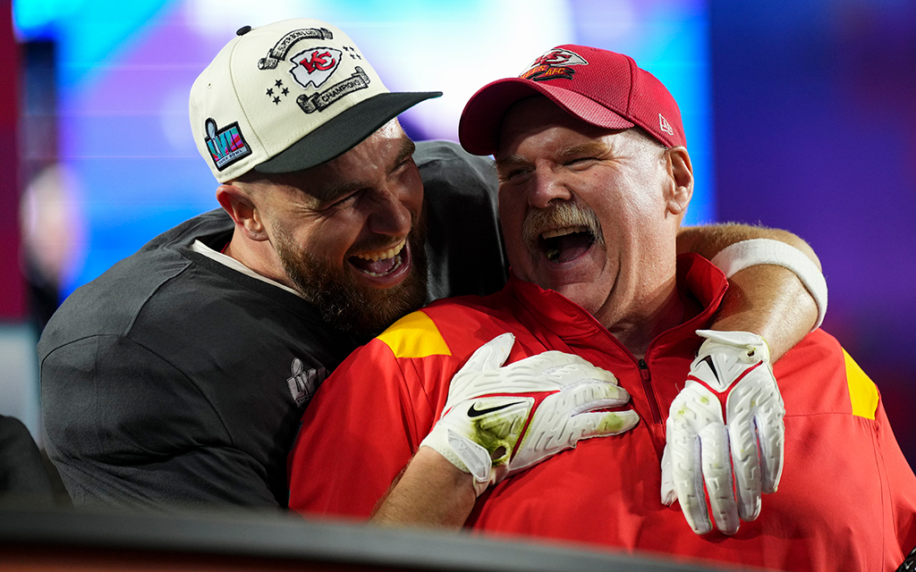 Kansas City Chiefs coach Andy Reid, right, and tight end Travis Kelce celebrate winning the franchise's second Super Bowl in four seasons. (Photo by Cooper Neill/Getty Images)