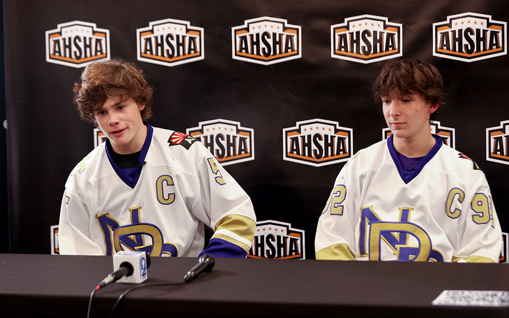 Notre Dame Prep co-captain Evan Kobley, right, says it's "iconic" to be able to play in front of roughly 4,000 fans at Mullett Arena on Saturday in the AHSHA State Championship. (Photo by Grace Edwards/Cronkite News)