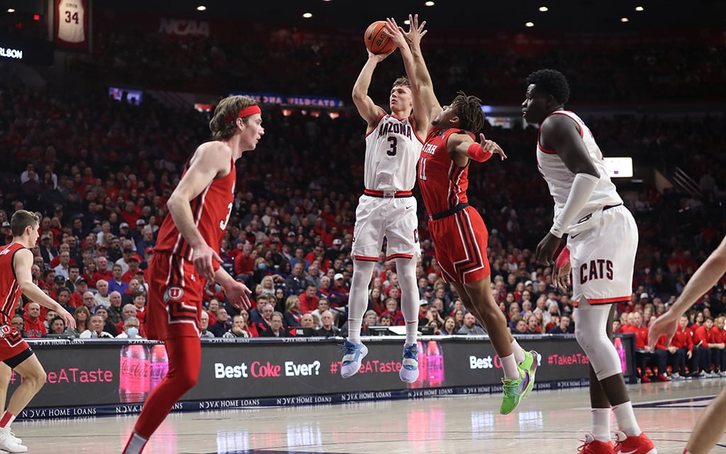 Arizona Wildcats guard Pelle Larsson scored 11 points off the bench in Thursday's 88-62 win against Utah. (Photo by Christopher Hook/Icon Sportswire via Getty Images)