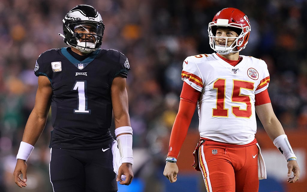 Philadelphia Eagles quarterback Jalen Hurts, left, and Kansas City Chiefs quarterback Patrick Mahomes enter Super Bowl Sunday with high-powered offenses, but the game will be won in the trenches. (Photo by Mitchell Leff and Dylan Buell/Getty Images)