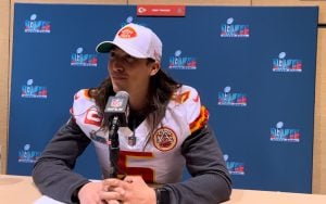 Kansas City Chiefs punter Tommy Townsend answers questions at a press conference.
