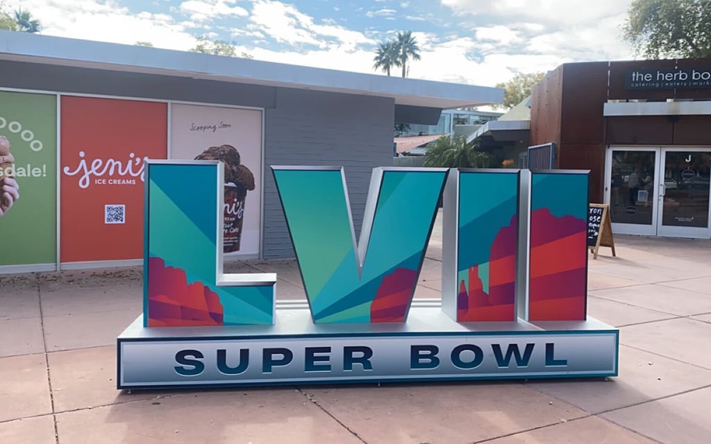 Signage to promote the 2023 Super Bowl can be found throughout the Valley, including in Old Town Scottsdale. (Photo by Nikash Nash/Cronkite News)