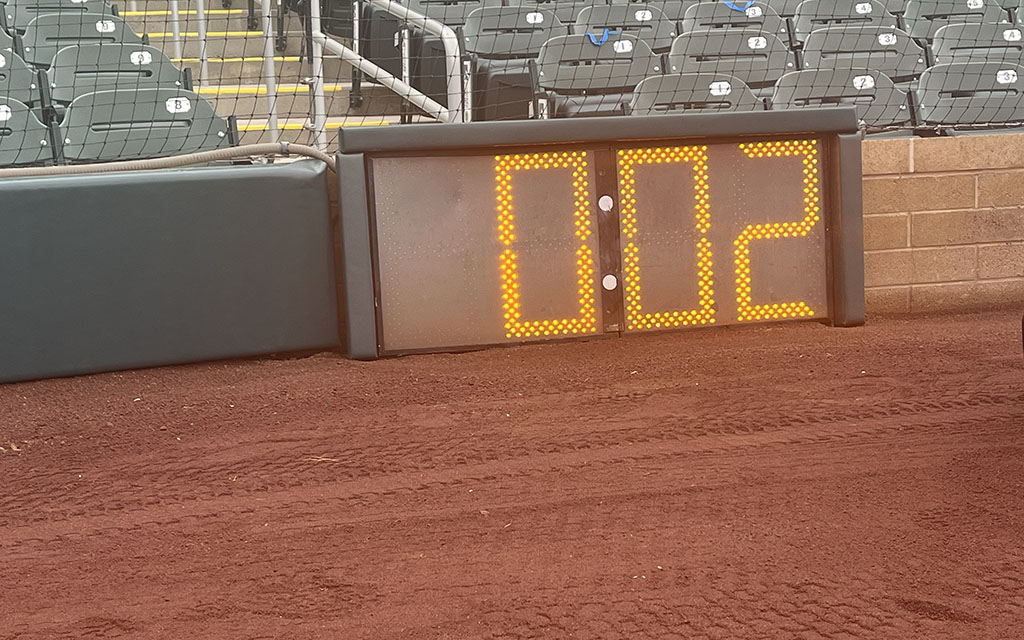 The new pitch clock was installed behind home plate at Salt River Fields ahead of spring training. Pitchers must deliver a pitch in 15 seconds with no runners on base and in 20 seconds with a runner on base. (Photo by Lauren Hertz/Cronkite News)