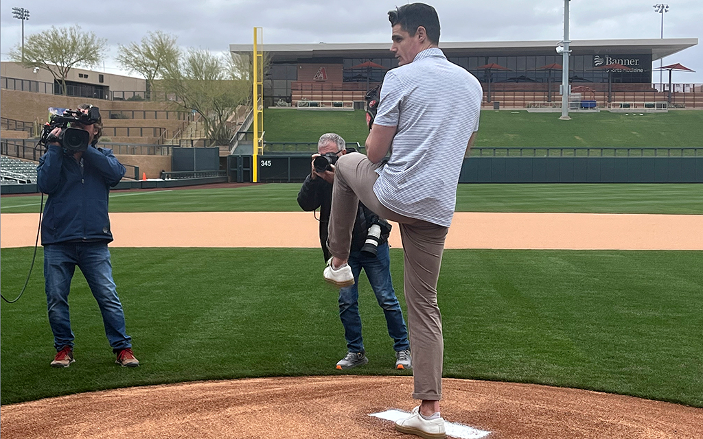 Joe Martinez, the vice president of on-field strategy at MLB, demonstrated the implementation of the pitch clock Tuesday ahead of the 2023 season. (Photo by Lauren Hertz/Cronkite News)