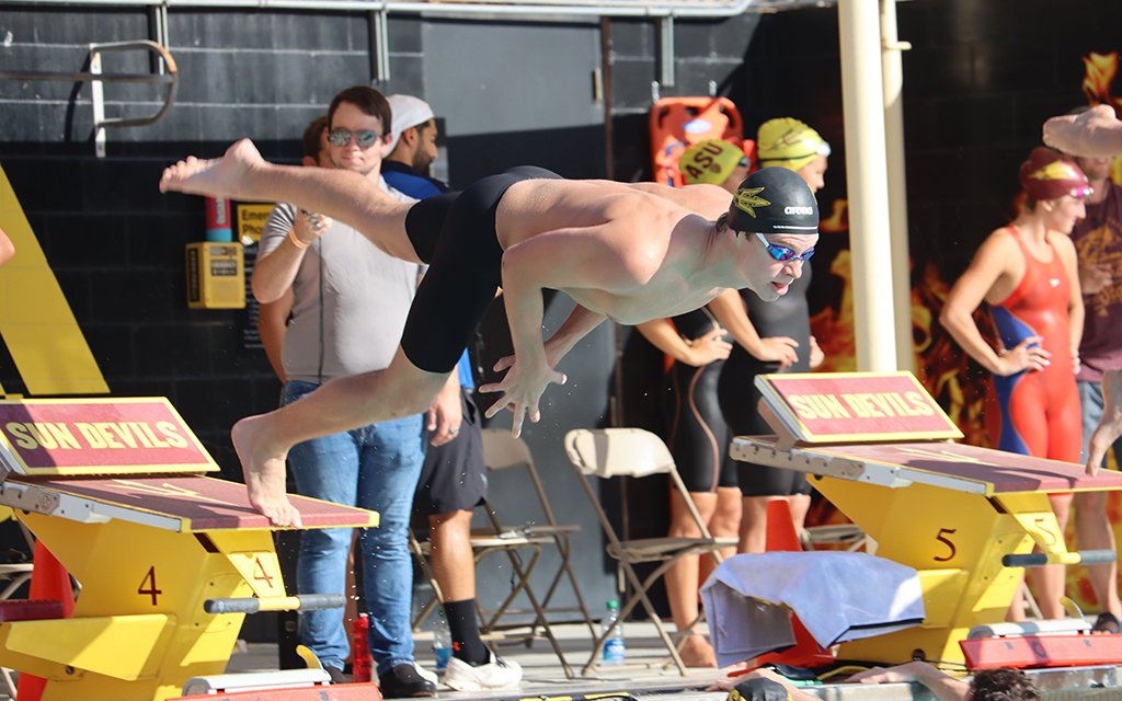 ASU men's swimming and diving star Léon Marchand has established a phenomenal record-setting pace this season in helping lead the Sun Devils to a 7-1 record. (File photo by Jacob Flores/Cronkite News)