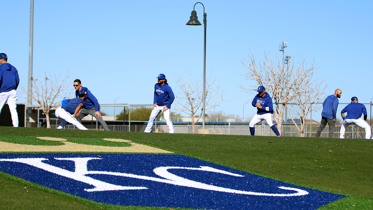 Kansas City Royals players stretching in their first Spring Training practice of the season on February 15 at Surprise Stadium in Surprise, AZ (Photo by: Dylan Nichols/Cronkite News)